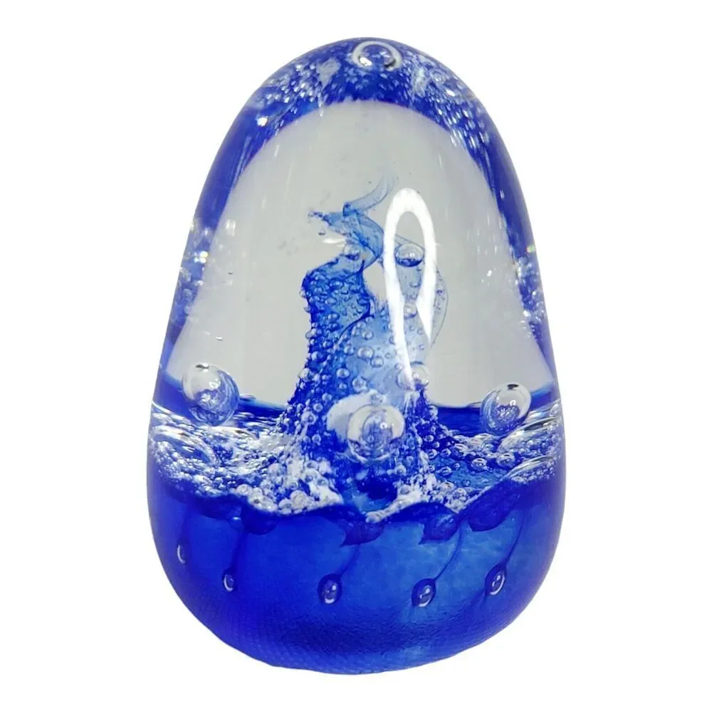 Vingate Glass Cobalt Blue Bubbles and Swirls Blown Glass‎ Paperweight Signed 3